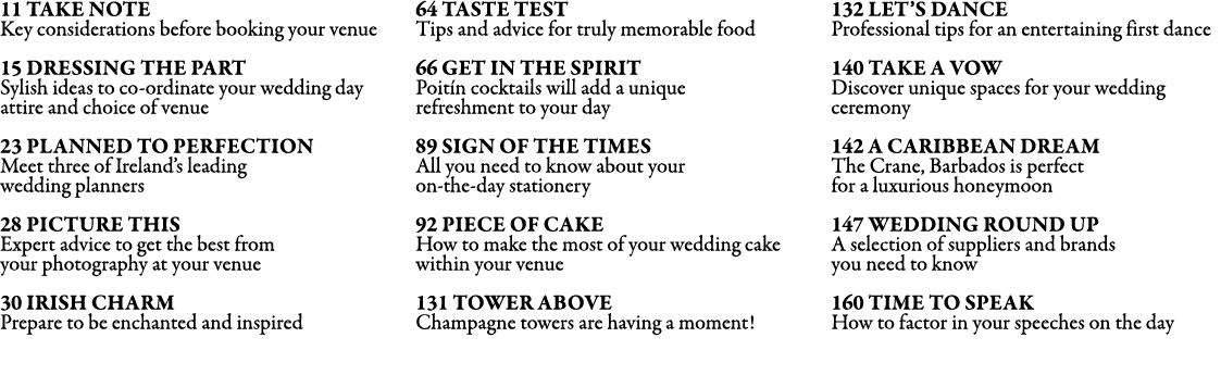 11 Take note Key considerations before booking your venue 15 Dressing The Part Sylish ideas to co-ordinate your weddi...