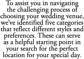 To assist you in navigating the challenging process of choosing your wedding venue, we’ve identified five categories ...