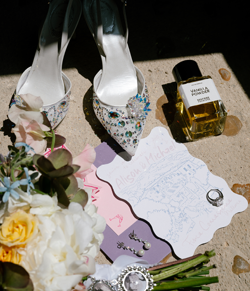 A pair of high heels and a bottle of perfume are on the ground. Description generated by AI