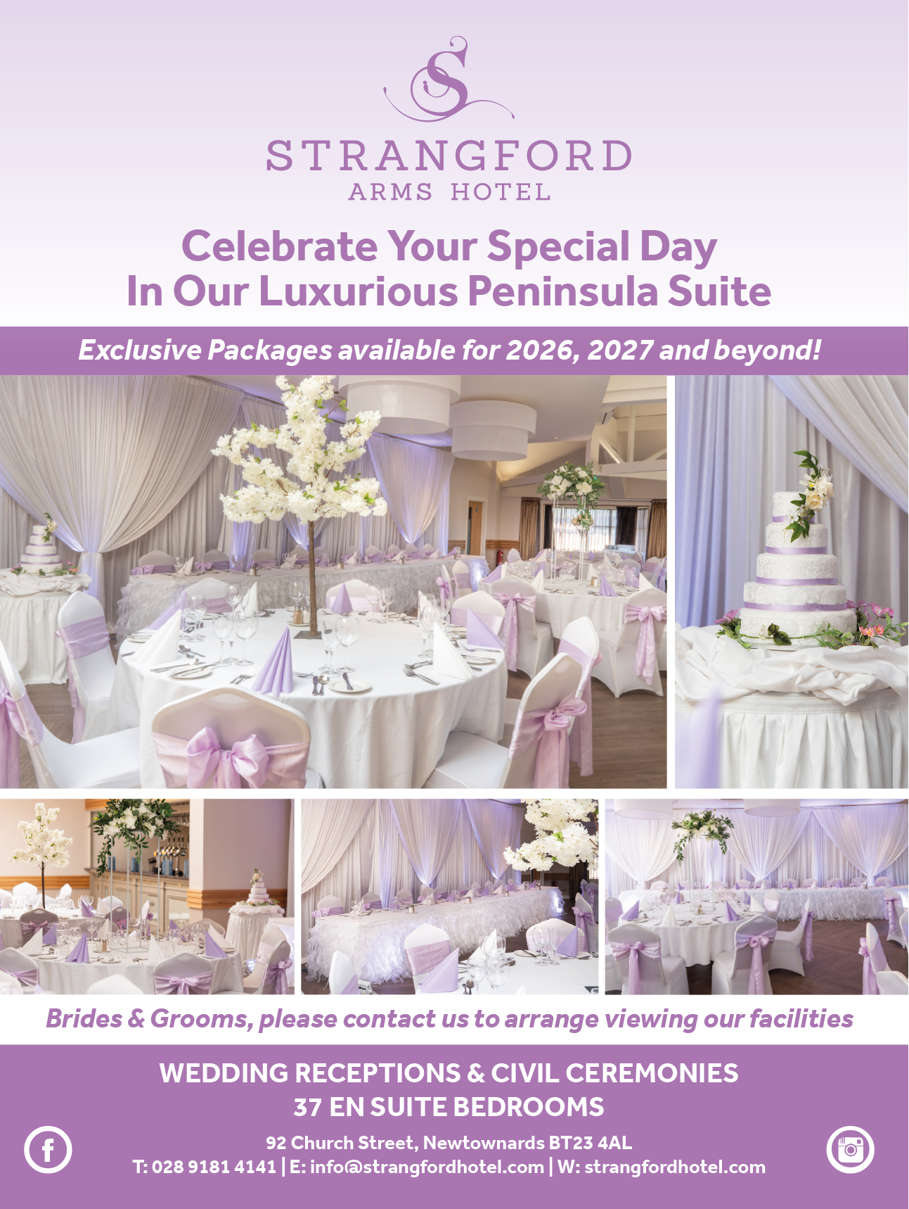 A promotional collage showcasing elegant wedding reception setups with white and lavender decor, including round tables with floral centerpieces, chairs adorned with lavender bows, and a tiered wedding cake, advertising luxurious wedding packages at Strangford Arms Hotel. Description generated by AI