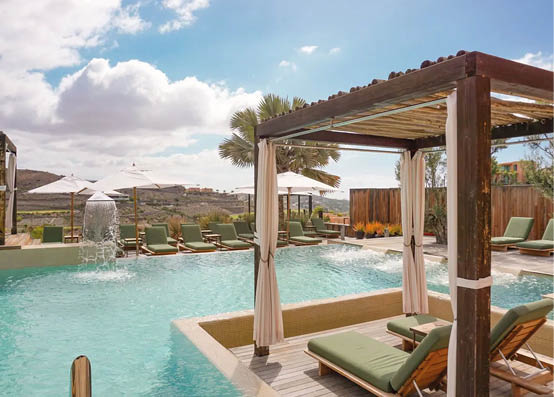 A pool with a wooden deck and a canopy. Description generated by AI