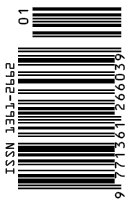 A vertical barcode with the text “ISSN 1361-2662" and the number "01" displayed alongside it. Description generated by AI