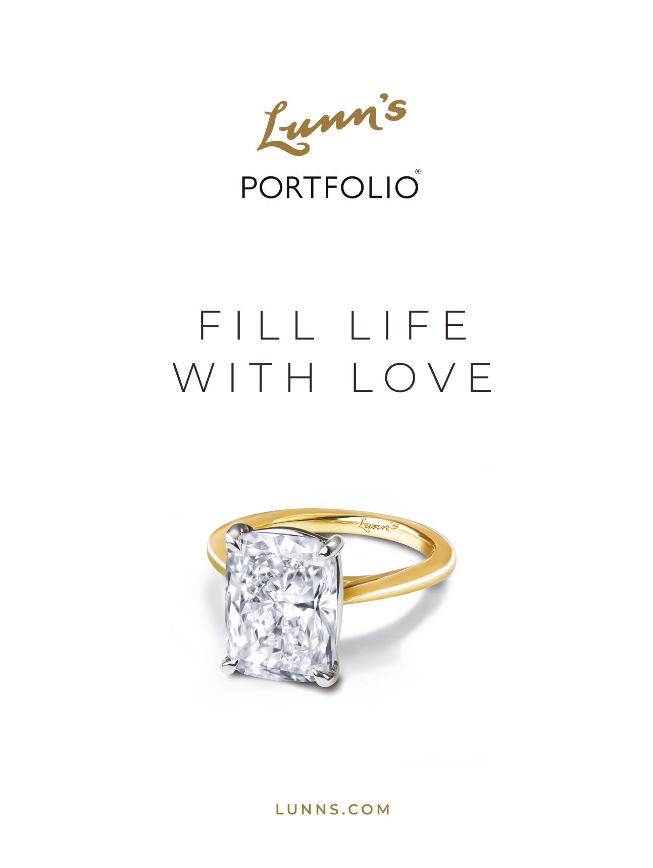 A close-up of two people holding hands across a table with a lit candle and a blurred background, alongside an elegant gold ring with a large rectangular diamond and the text “Fill life with love." Description generated by AI