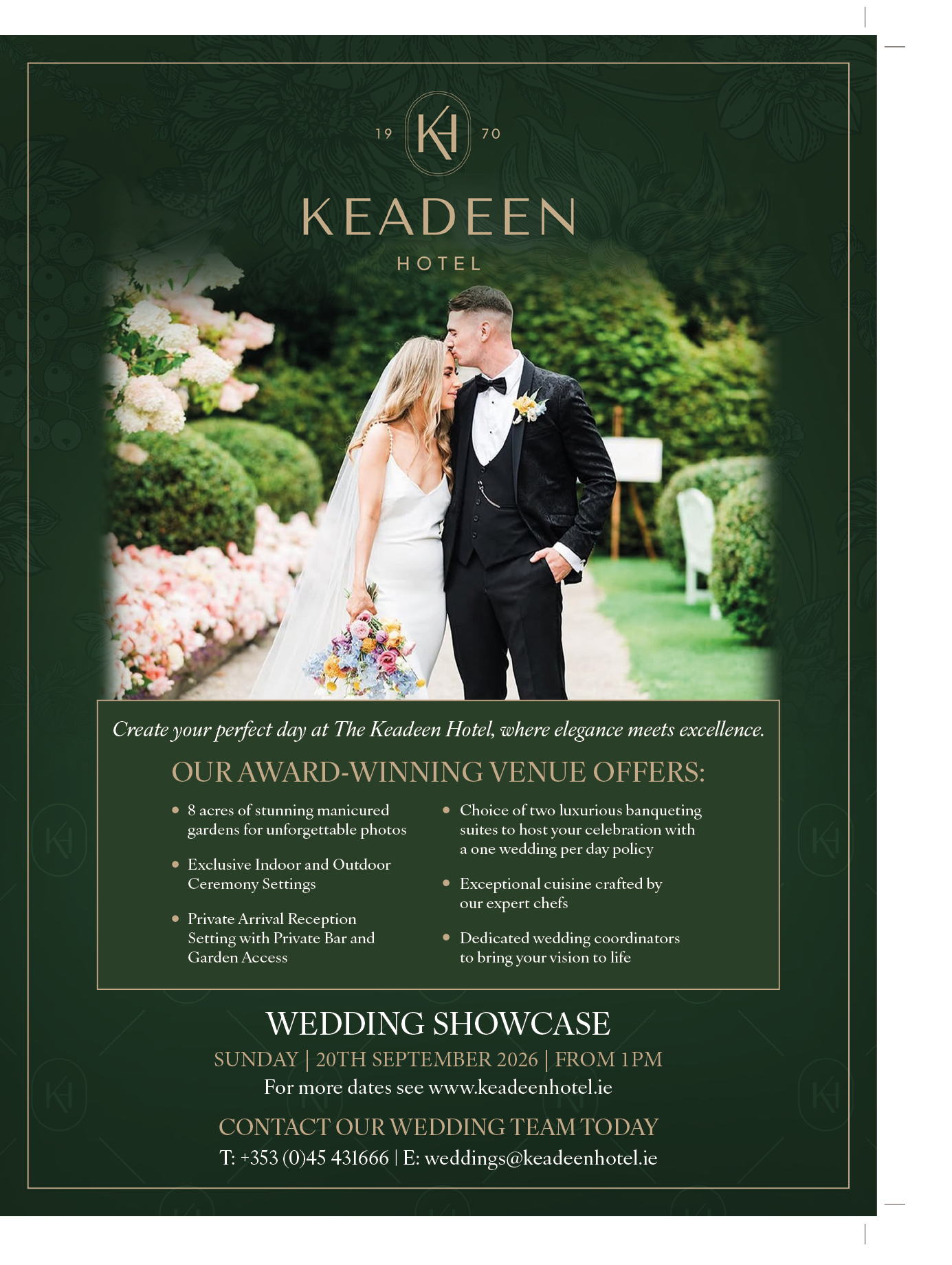 An elegantly dressed couple in wedding attire stands closely together outdoors surrounded by lush greenery and flowers, with text promoting a wedding showcase event at The Keadeen Hotel. Description generated by AI