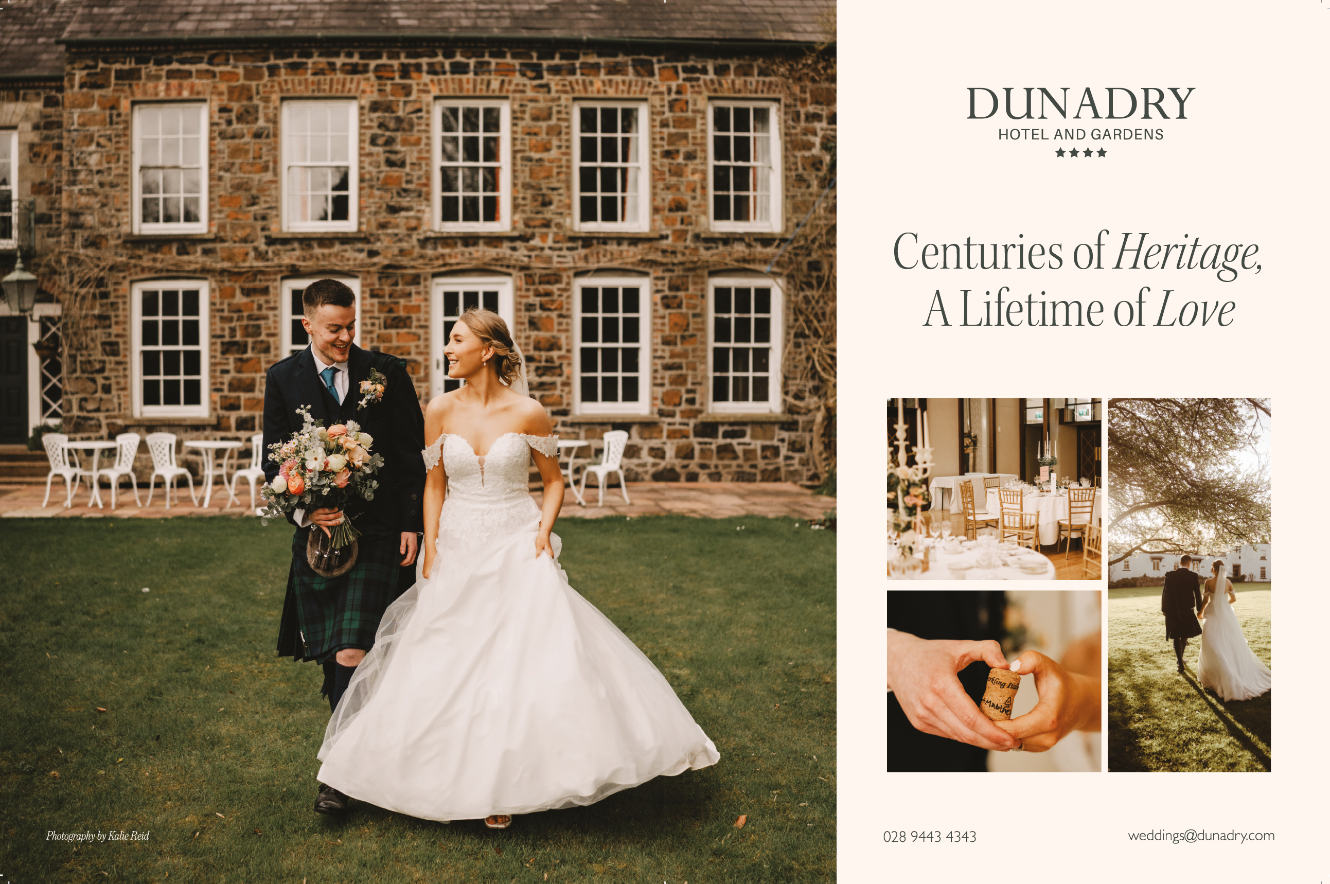 A bride and groom standing in front of a brick building. Description generated by AI