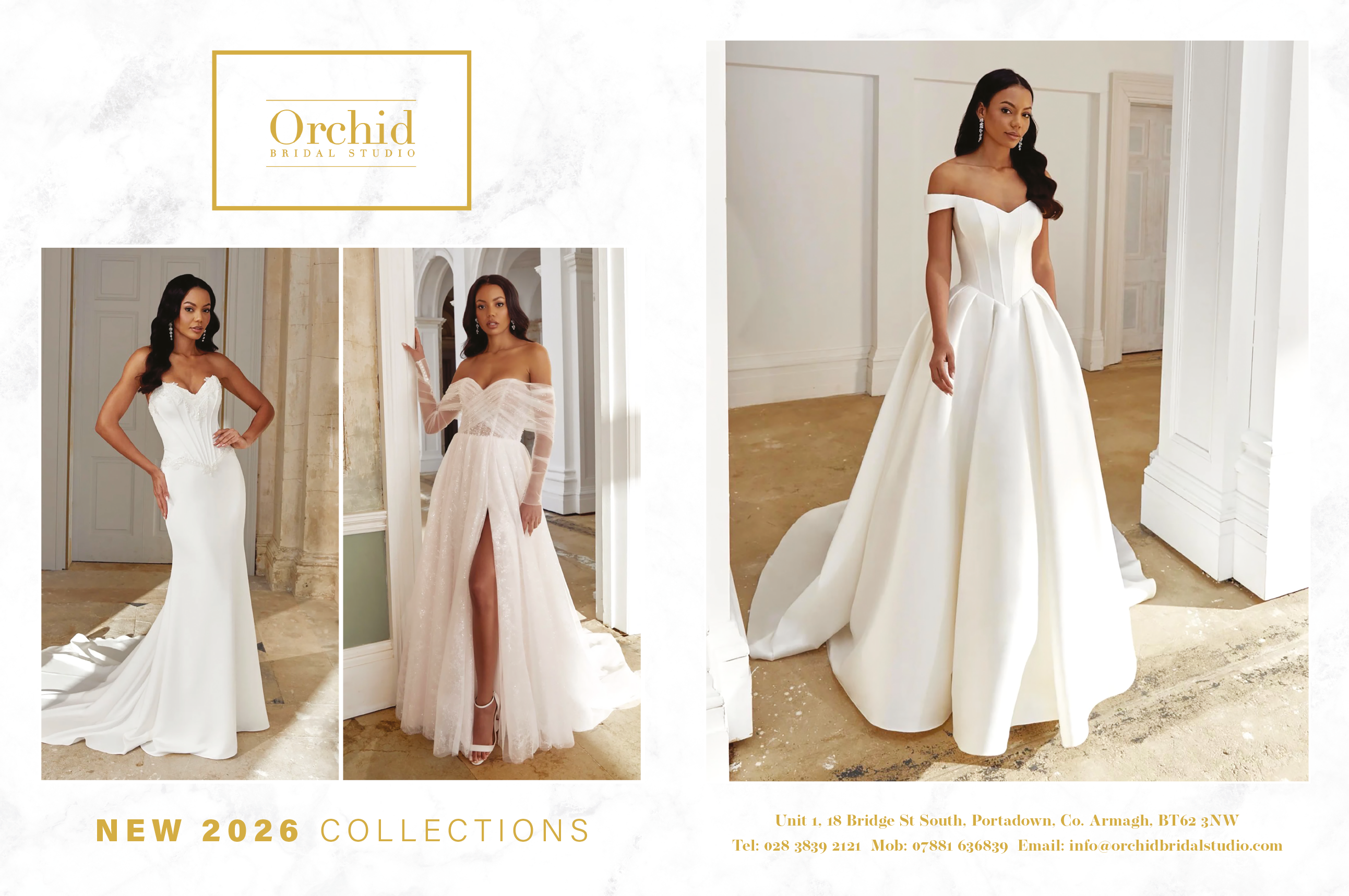 A magazine ad for a wedding dress collection. Description generated by AI