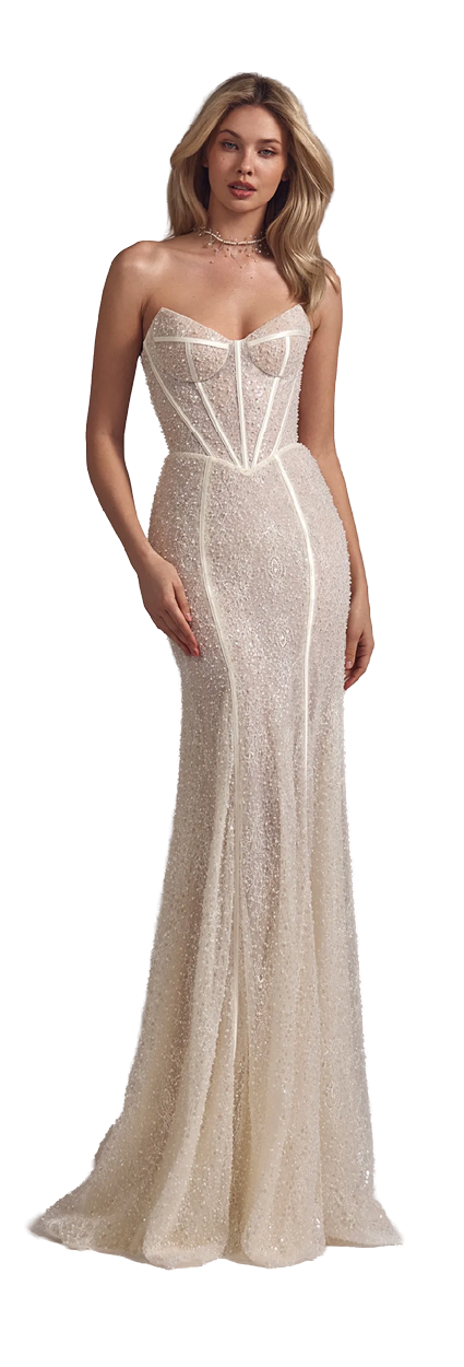 A woman wearing a white dress. Description generated by AI