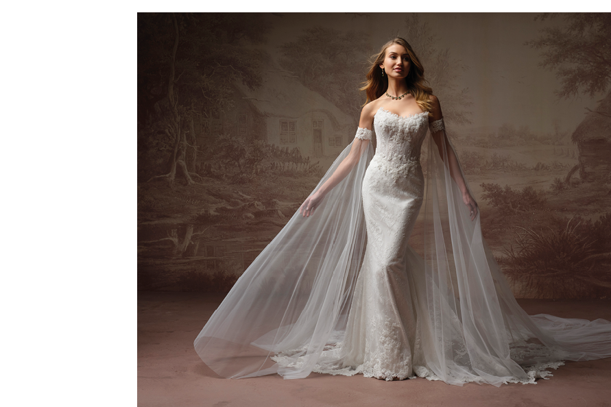 A woman wearing a white wedding dress with a long veil. Description generated by AI