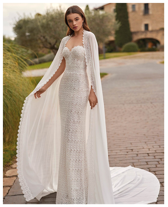A woman wearing a white dress with a long train. Description generated by AI