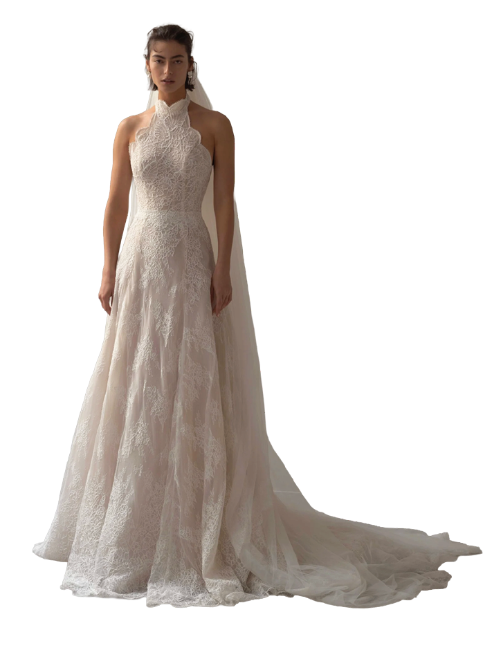 A woman wearing a white wedding dress. Description generated by AI