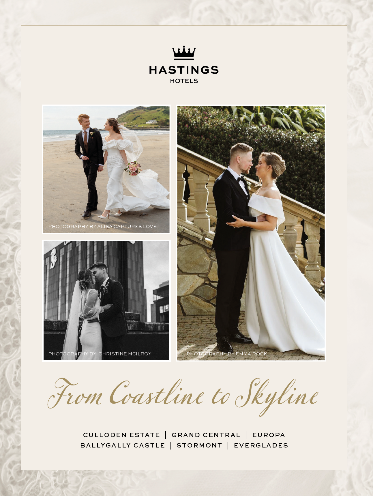 A wedding photo album with a couple in a castle. Description generated by AI