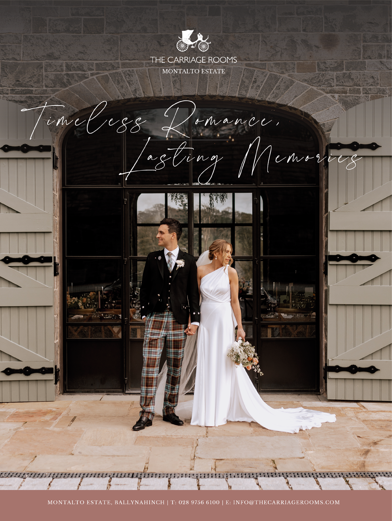 A bride and groom standing in front of a building. Description generated by AI