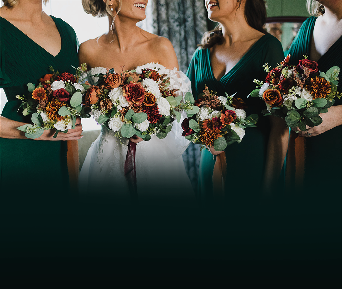 Three women holding bouquets of flowers. Description generated by AI