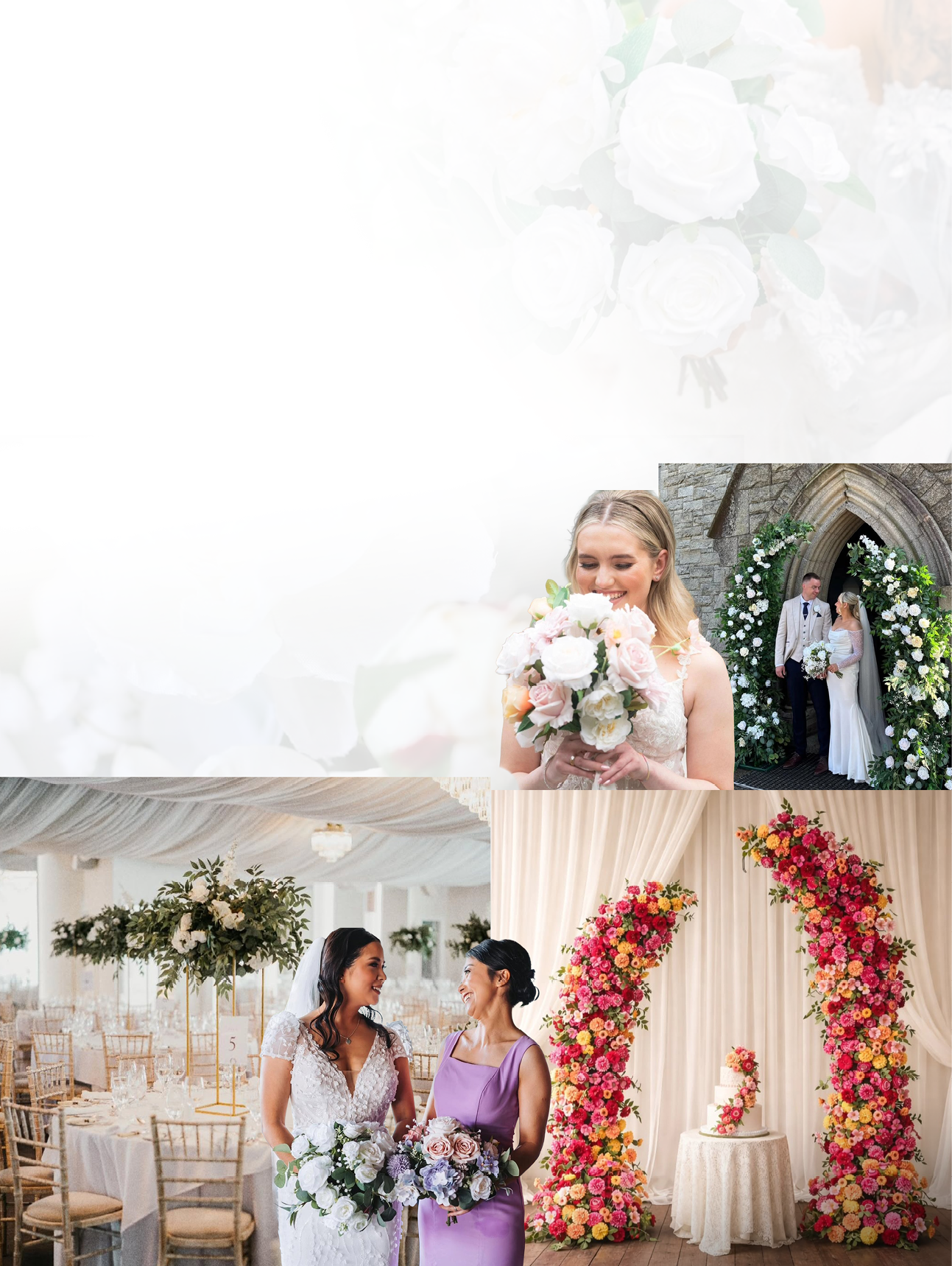 A bride and a bridesmaid are standing in front of a flower arrangement. Description generated by AI
