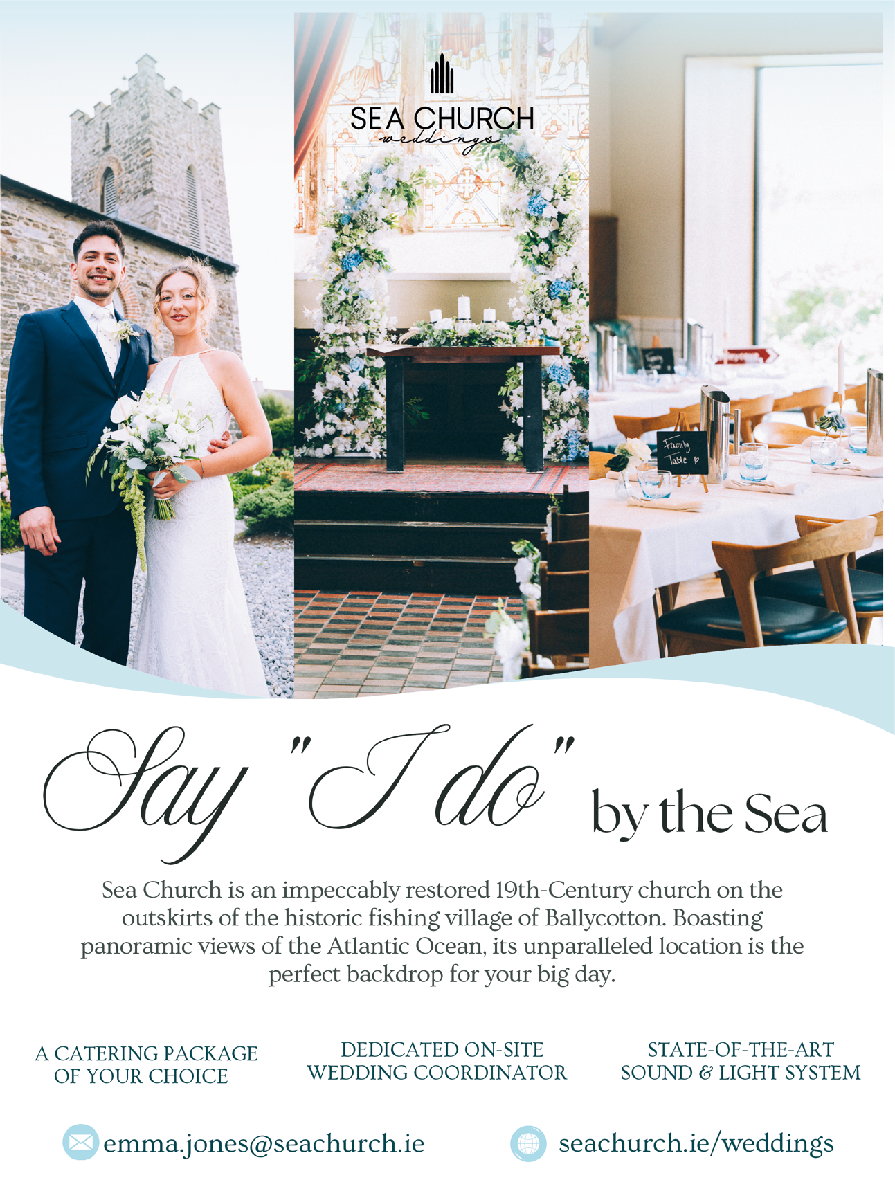 A wedding invitation for a couple getting married at a church. Description generated by AI