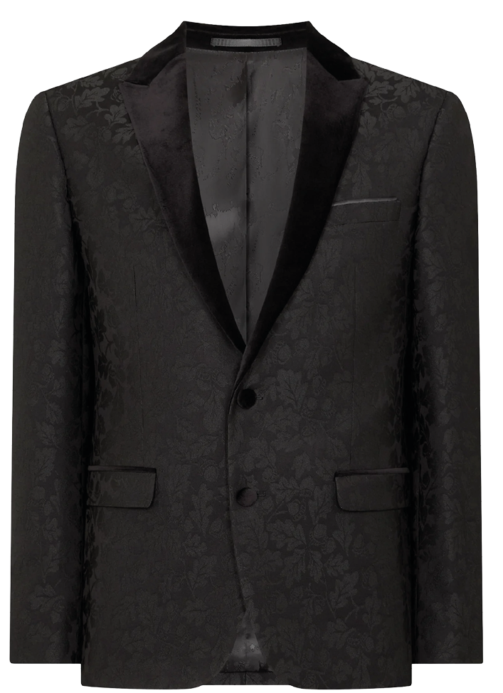 A black suit jacket with a lapel. Description generated by AI