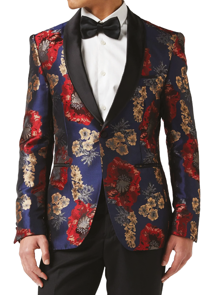 A man wearing a blue and red jacket. Description generated by AI
