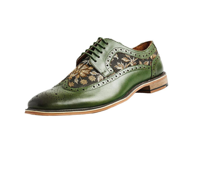 A pair of green shoes with a pattern on them. Description generated by AI