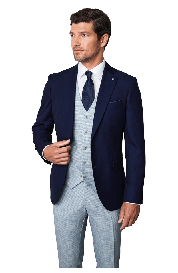 A man wearing a blue suit and tie. Description generated by AI