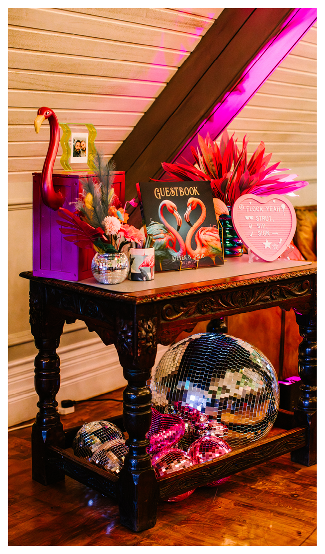 A table with a disco ball on it. Description generated by AI