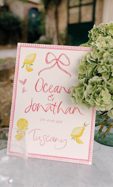 A card with a pink bow and yellow lemons on it. Description generated by AI