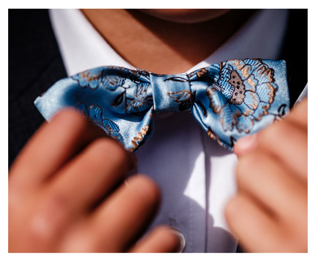 A man wearing a blue and white bow tie. Description generated by AI