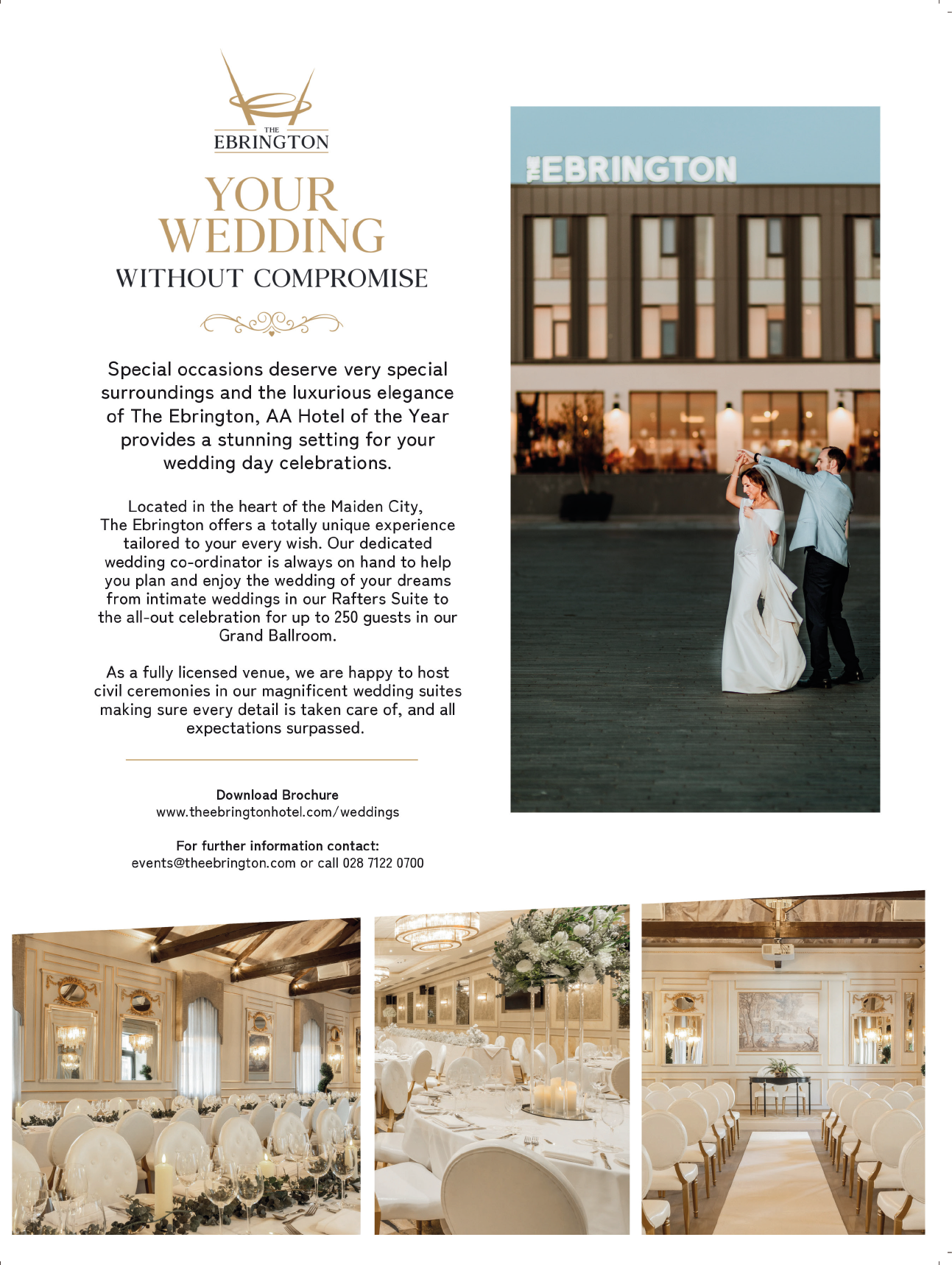 A wedding advertisement featuring a couple dancing on a balcony with a city view and elegant indoor wedding reception rooms decorated with white and gold accents. Description generated by AI