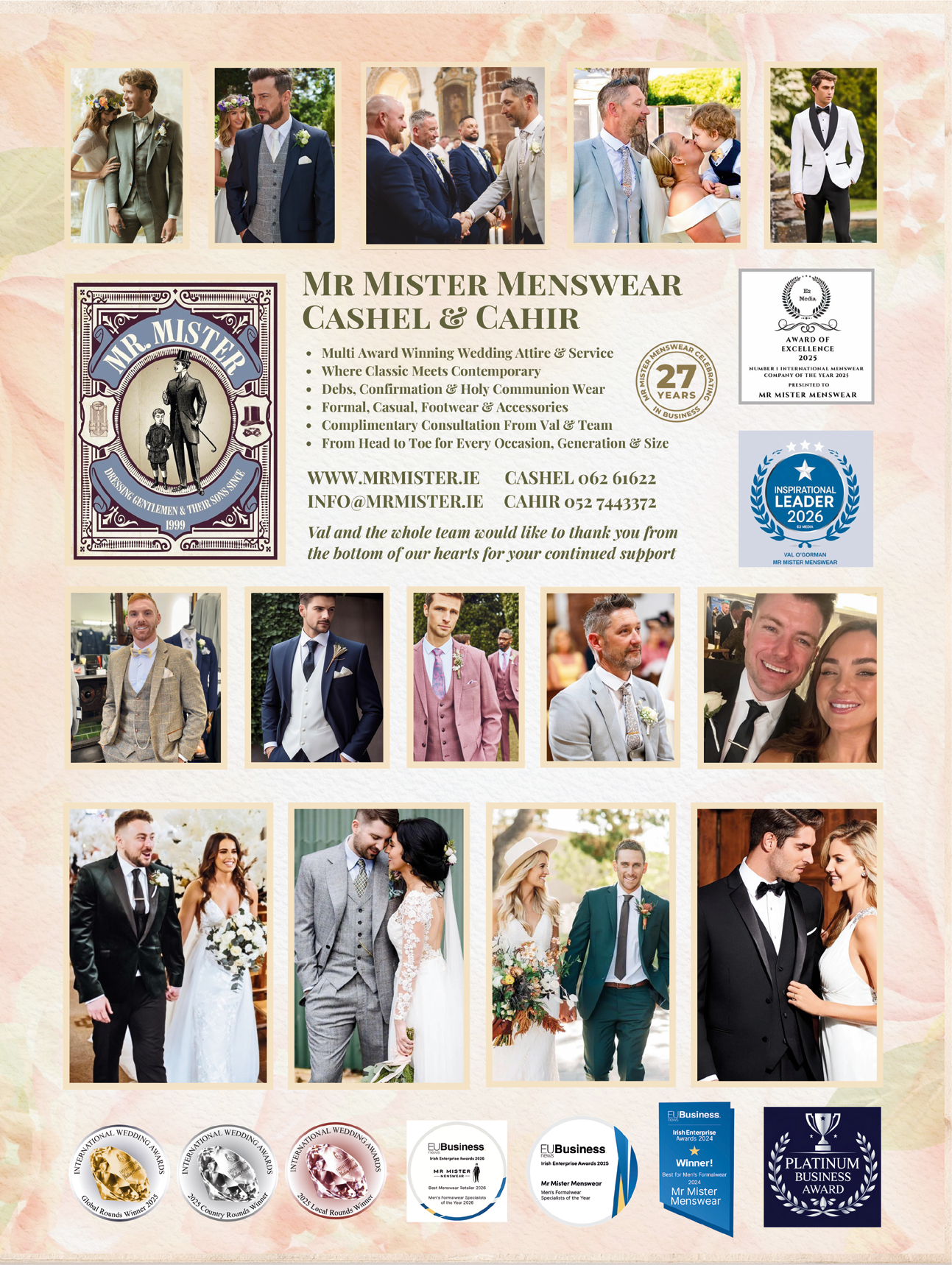 A collage showcasing various adults dressed in formal menswear including suits and tuxedos, alongside a central text block advertising Mr Mister Menswear with details about services, awards, and contact information. Description generated by AI