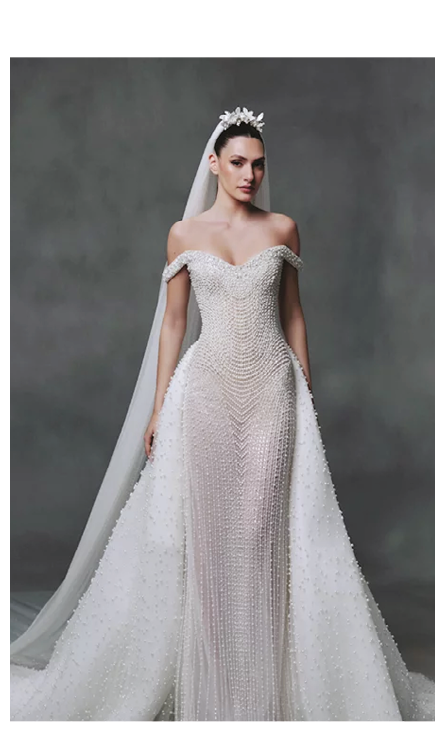 A woman wearing a white wedding dress. Description generated by AI