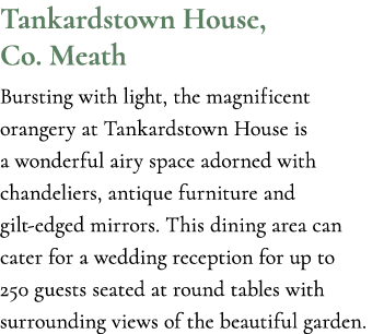 Tankardstown House, Co. Meath Bursting with light, the magnificent orangery at Tankardstown House is a wonderful airy...