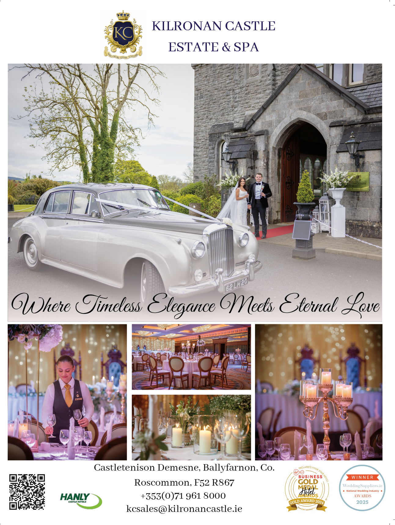A classic silver car is parked outside a stone castle entrance where a person in a formal suit and another in a white dress stand on a red carpet, surrounded by elegant wedding decorations and candlelit tables. Description generated by AI