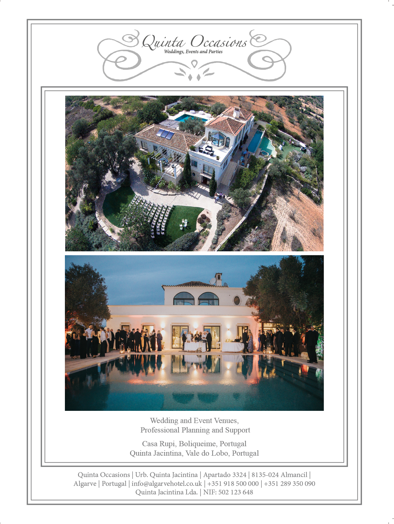 Aerial and evening views of a large villa with a pool and outdoor seating arranged for a wedding or event surrounded by natural landscape. Description generated by AI