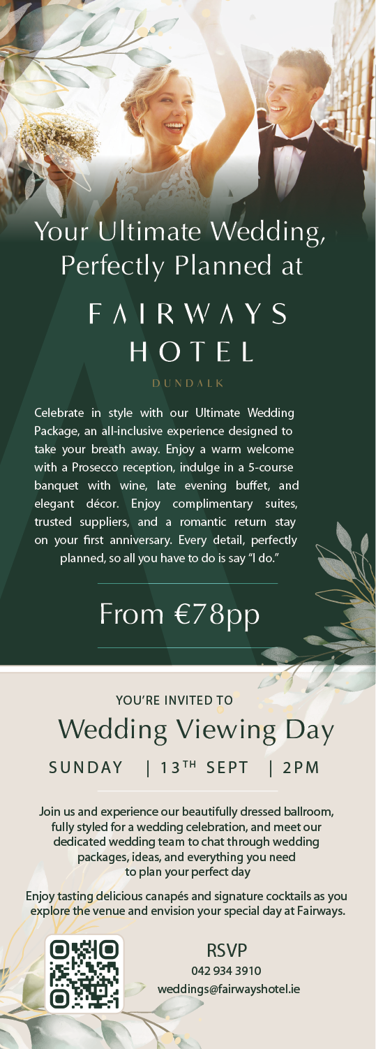 A green and white advertisement for a wedding viewing day at the Fairways Hotel. Description generated by AI