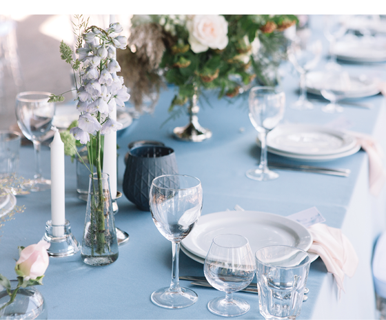 Wedding. Banquet. The chairs and table for guests, served with cutlery, flowers and crockery and covered with blue tablecloth and white plates. Pink and white flowers and candles.