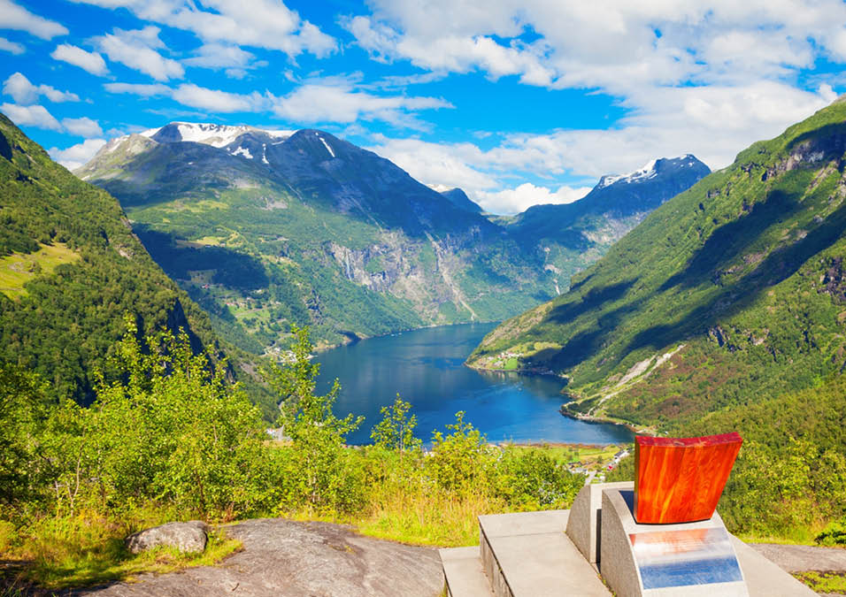 Queen Sonja of Norway throne at Flydalsjuvet viewpoint at Geirangerfjord near Geiranger village in Norway