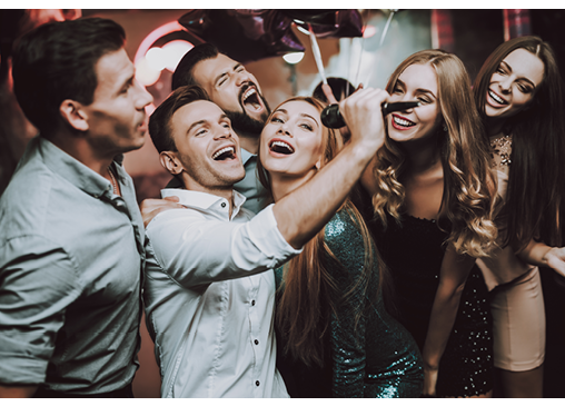 Holidays Concept. Dancing People. Great Mood. Young People. Dance Club. Sing. Microphone. Trendy Modern Nightclub. Party Maker. Birthday. Karaoke Club. Celebration. Men. White Shirt.