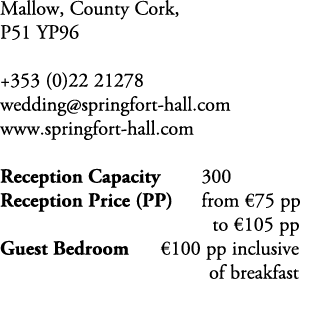 Mallow, County Cork, P51 YP96 +353 (0)22 21278 wedding@springfort hall.com www.springfort hall.com Reception Capacity...