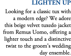 Lighten Up Looking for a classic tux with a modern edge? We adore this beige velvet tuxedo jacket from Remus Uomo, of...