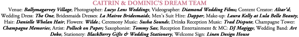 Caitrin & Dominic’s Dream Team Venue: Ballymagarvey Village; Photographer: Lucys Lens Weddings; Videographer: Diamond...