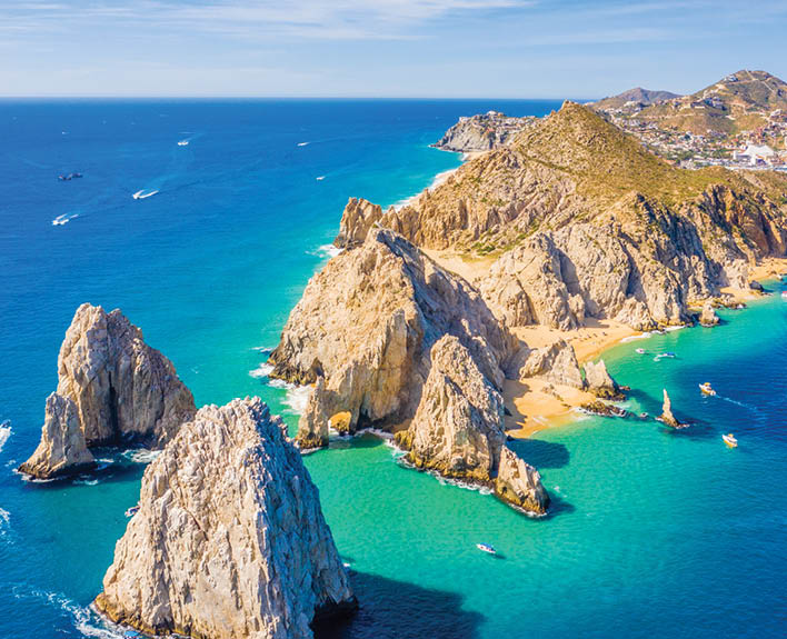 Aerial view of Lands End and the Arch of Cabo San Lucas, Baja California Sur, Mexico, where the Gulf of California meets the Pacific Ocean