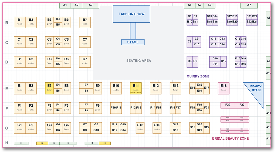 A detailed floor plan of an event venue showing labeled seating areas, a stage for a fashion show, a quirky zone, beauty and bridal beauty zones, catering area, foyer, and various entrances and exits. Description generated by AI