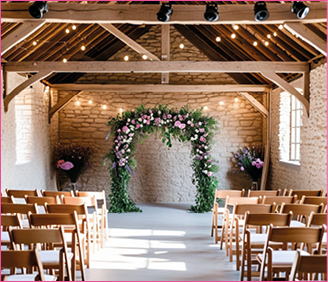 A large wooden structure with a stone archway and a flower-covered archway. The archway is adorned with a flower arrangement. The room is filled with chairs, and there is a potted plant in the corner. AI generated content
