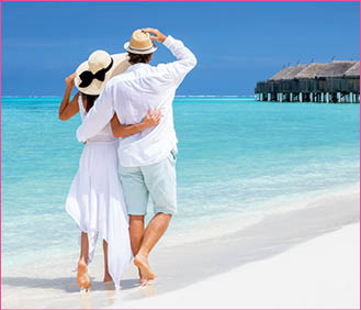 A man and woman are walking on a beach, enjoying the sunny day. AI generated content