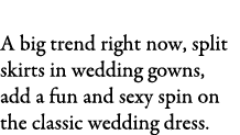 Split Skirts A big trend right now, split skirts in wedding gowns, add a fun and sexy spin on the classic wedding dress.