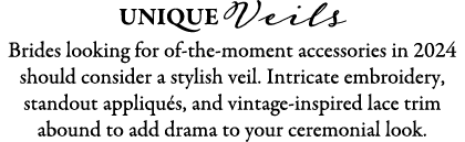 Unique Veils Brides looking for of-the-moment accessories in 2024 should consider a stylish veil. Intricate embroider...