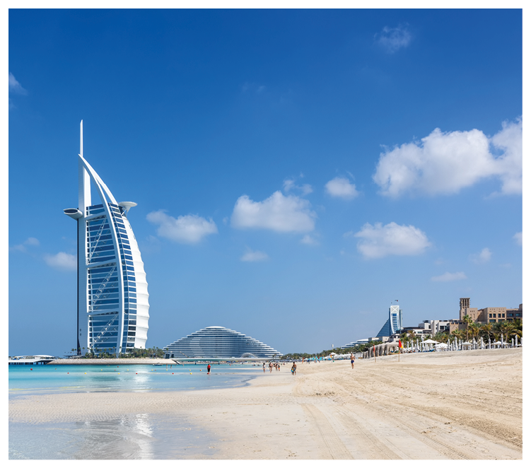 Dubai, UAE - February 14th 2024: beautiful view of the Jumeirah Beach with Burj Al Arab and Marsa Al Arab hotel in the background