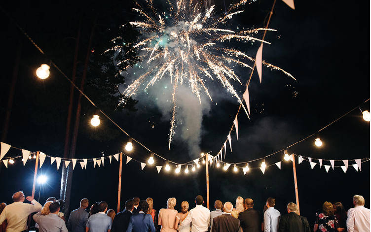 Night evening is the background. The general plan for the belt. At the wedding, guests and newlyweds see a beautiful salute in the sky. The bride and groom with relatives and friends.