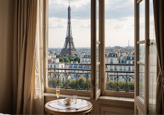Paris eiffel tower view from the window in the hotel room