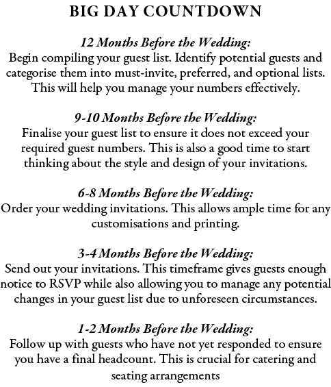 Big Day Countdown 12 Months Before the Wedding: Begin compiling your guest list. Identify potential guests and catego...