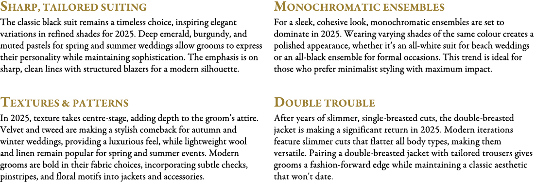 sharp, tailored suiting The classic black suit remains a timeless choice, inspiring elegant variations in refined sha...